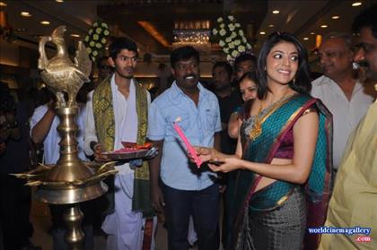 Kajal Aggarwal Stills in Green Silk Saree at Chennai Shopping Mall launch