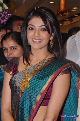 Kajal Aggarwal Stills in Green Silk Saree at Chennai Shopping Mall launch