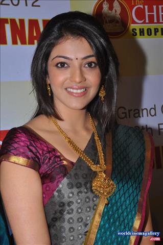 Kajal Aggarwal Stills in Green Silk Saree at Chennai Shopping Mall launch